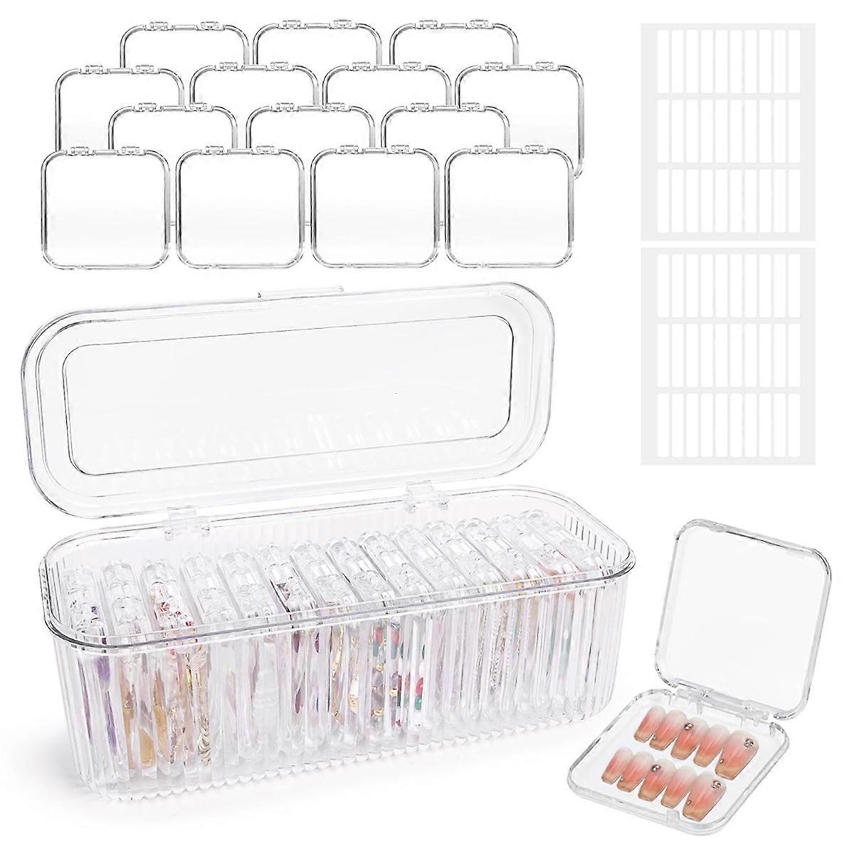 on Nail Organizer 14 PCS Clear on Nail Storage Boxes and 1 Big Storage Box with Adhesive Double Sided Tape
