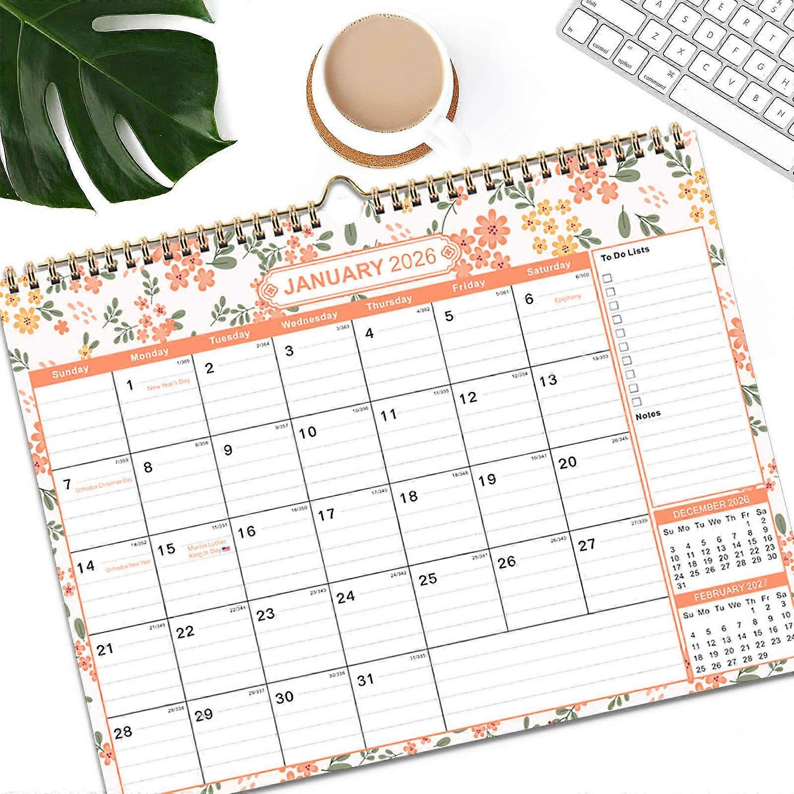 Sturdy Double Binding Large Daily Blocks 18 Month Wall Calendar 2026-2027 January 2026 - Jun 2027 WUD5526