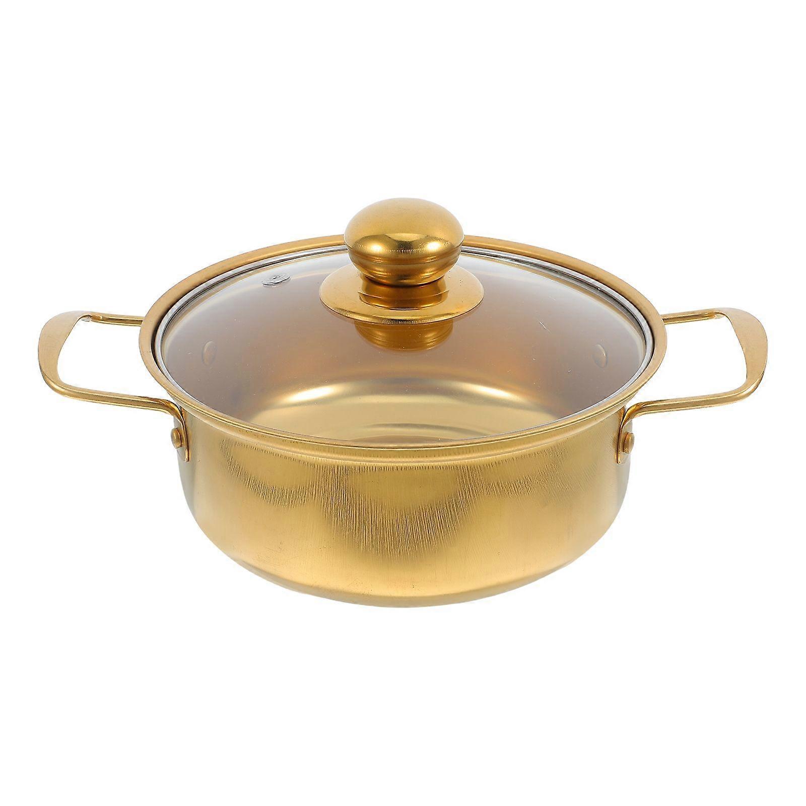 Stainless Steel Soup Pot With Glass Lid Golden Ramen Pot Double Handle Small Cooking For Induction Cooker Korean Noodle