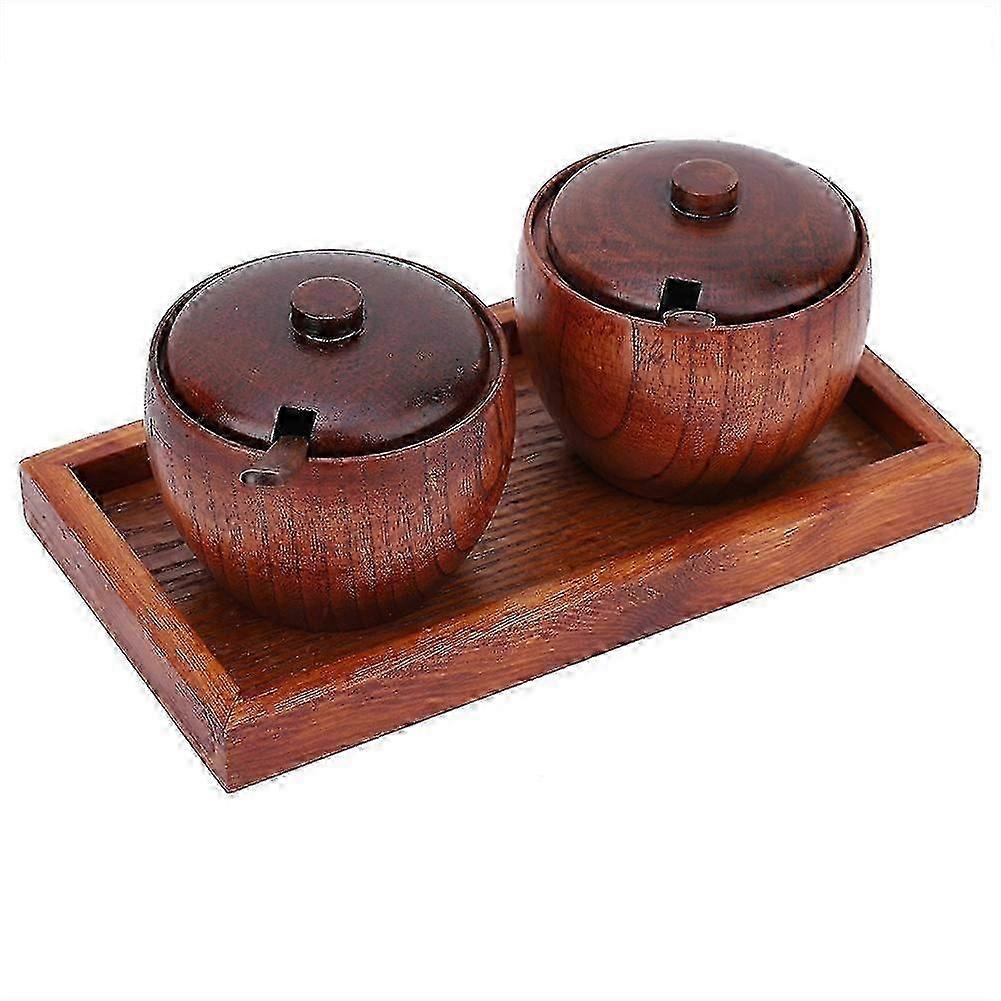 2pcs Wooden Spice Box Set Kitchen Salt & Condiment Storage Container