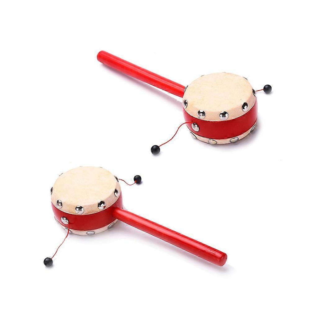 Shaking Toys for Baby Wooden Rattle Drum with Sheepskin 2Pcs Red Handle