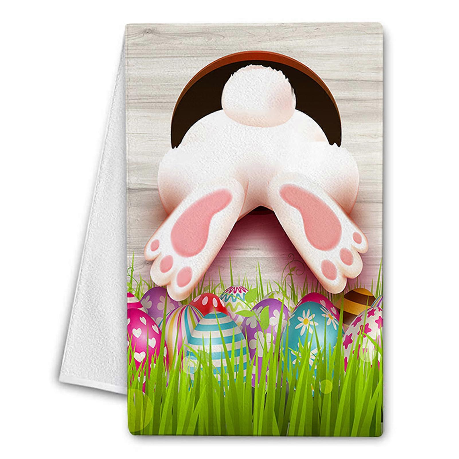 Farfi Kitchen Towel Soft Water Absorption Microfiber Easter Rabbit Pattern Dish Cleaning Cloth Daily Use (Type D)