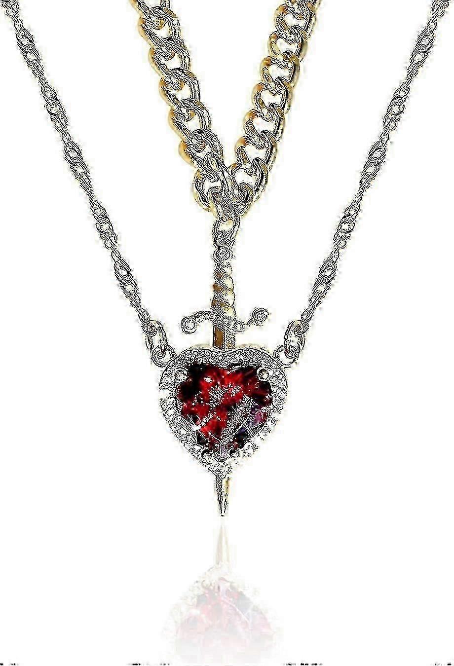 Colar de casal com coração e espada, dourado, aço inoxidável, coração rosa, corrente de zircônia, espada combinando na moda, através de corações