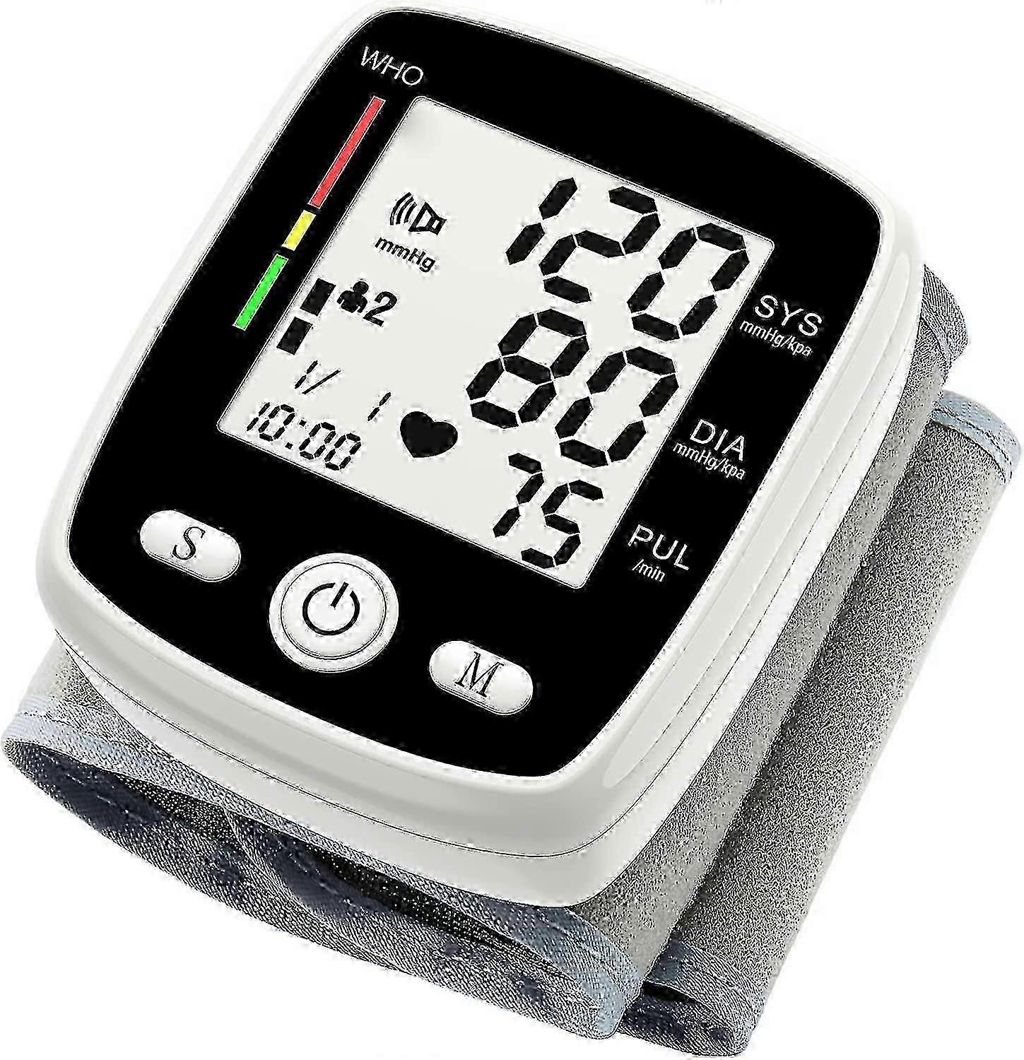 suitable for wrist blood pressure monitor, automatic bp cuff with carrying case, irregular heartbeat detector, 99 memory readings, 2 users, large disp