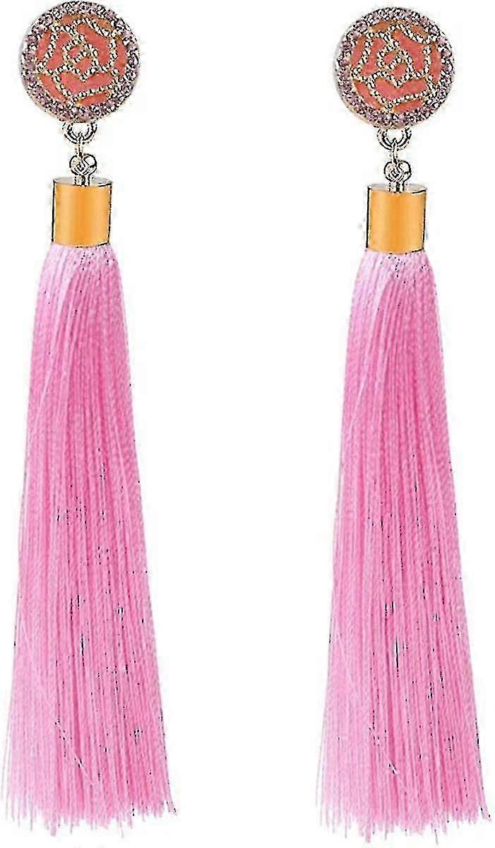 Rose Flower Long Thread Tassel Drop Earrings for Women's