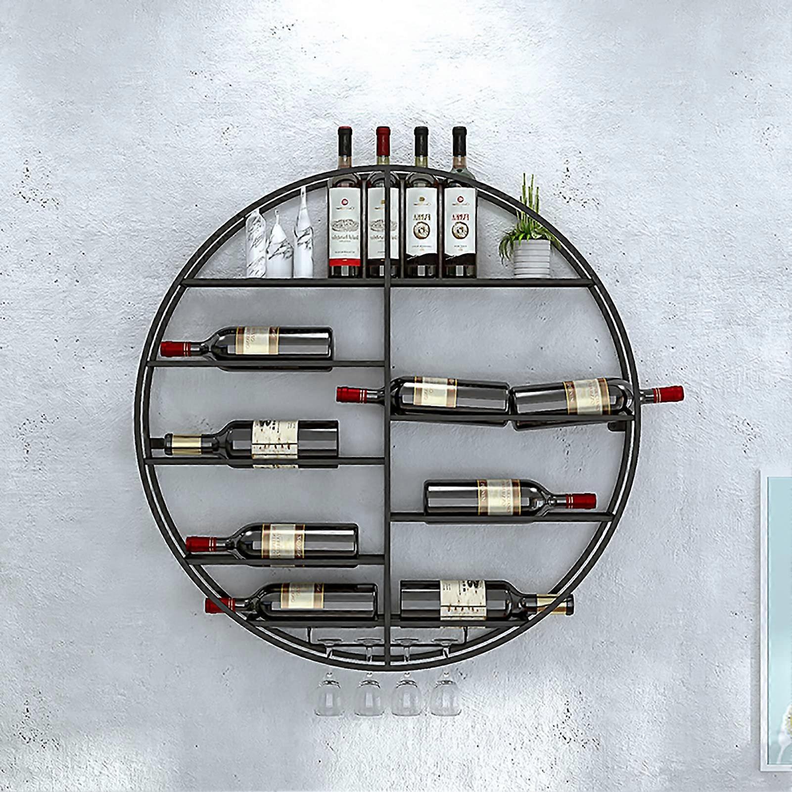 Round Wine Rack Wall Mounted Floating Shelves Metal Display For Wine Bottles And Stemware 70x11x70cm Black