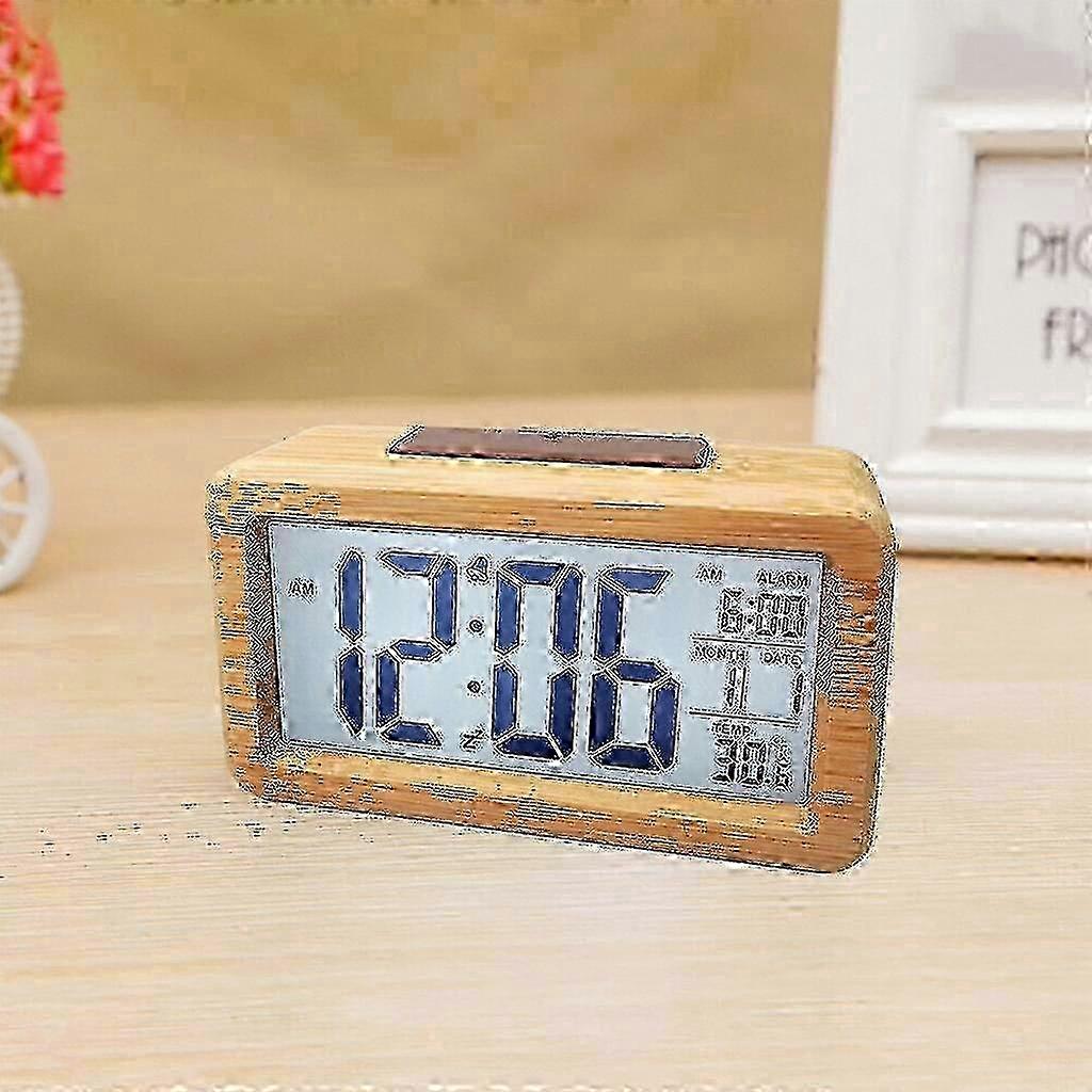 Digital Alarm Clock Radio Controlled Alarm Clock Table Clock Solid Wood Waterproof Alarm Clock With Thermometer, Calendar And Snooze Function - Bamboo