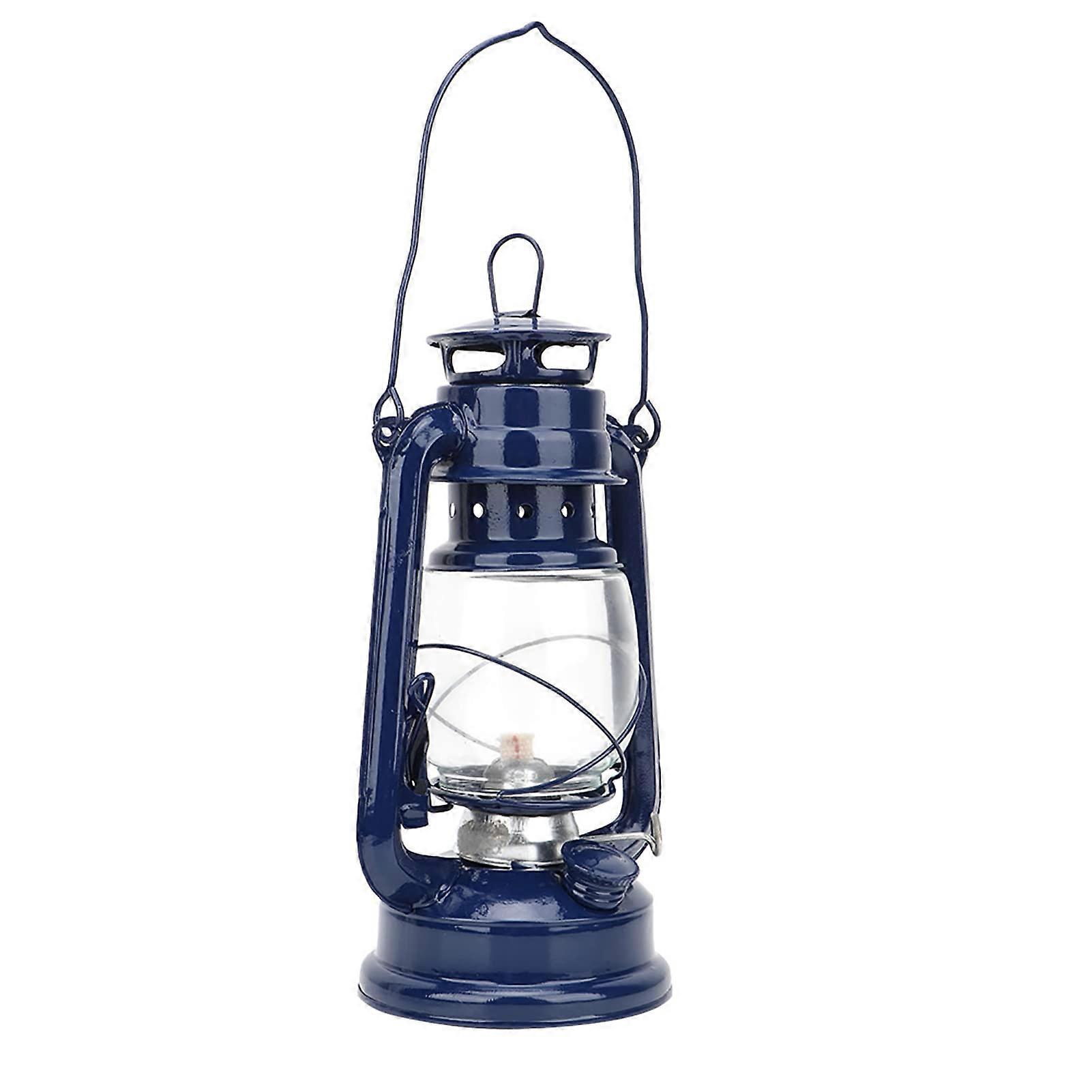 Vintage Kerosene Lamp with Glass Shade, Rustic Iron Lantern for Warm Indoor and Party Décor (Blue)