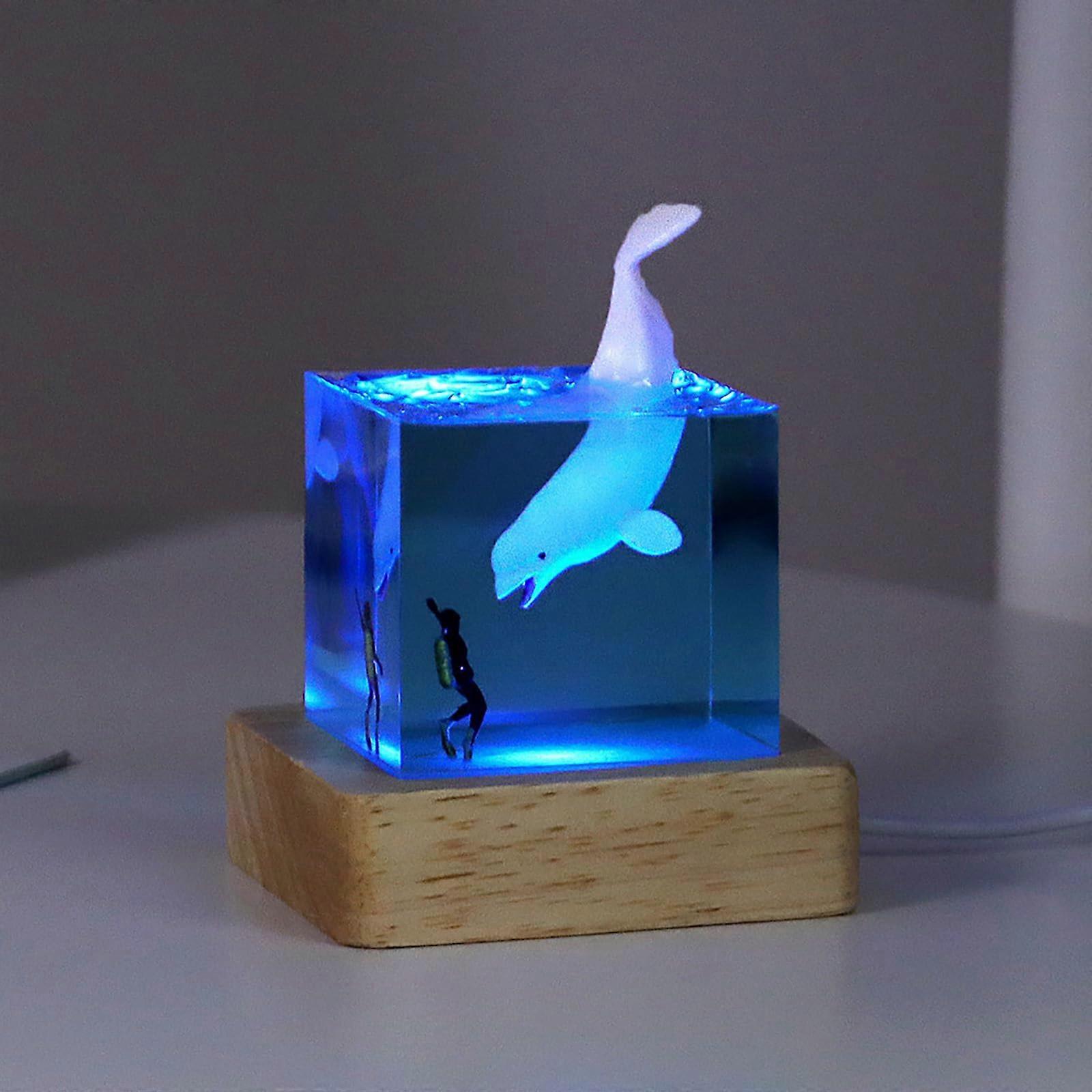 Ocean Night Light Whale Table Lamp Handmade Resin Cube Glow in the Dark Marine Theme Decor