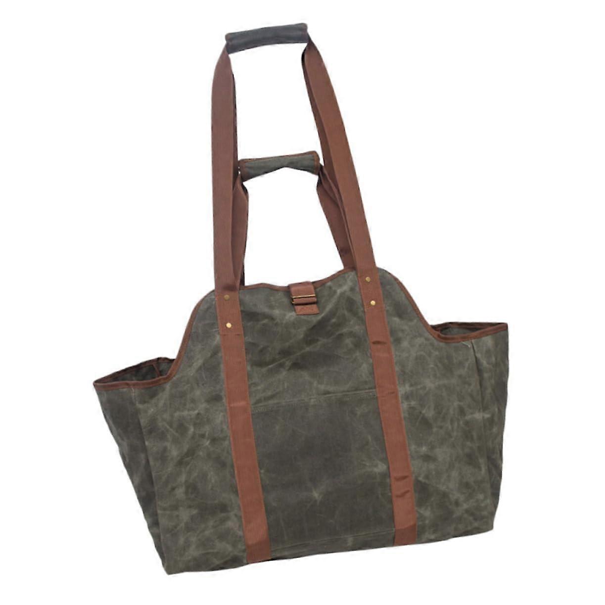 Large Capacity Waxed Canvas Firewood Carrier with Reinforced Straps for Fireplace and Camping