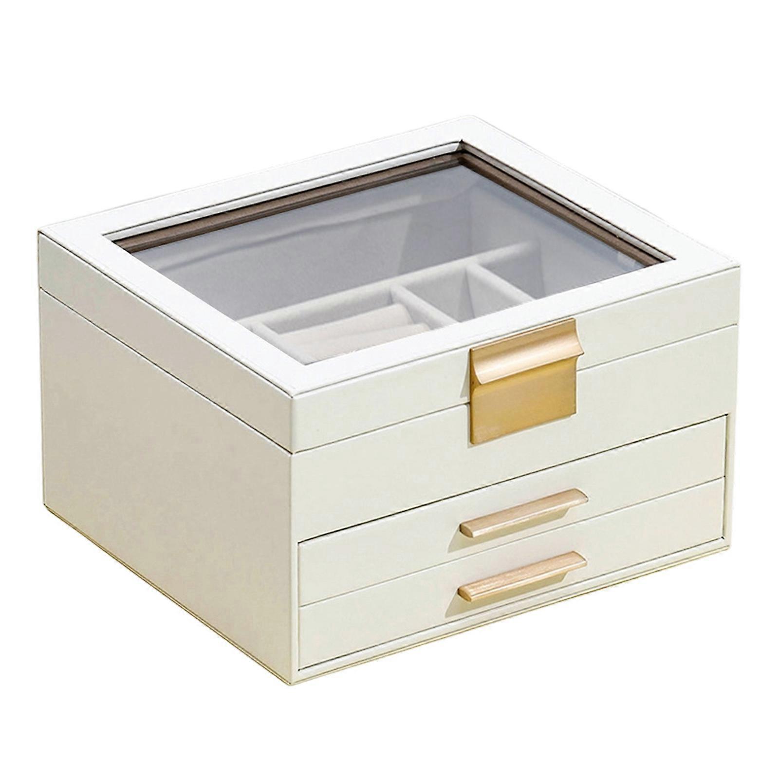 Multi Functional Jewelry Display Box Three Layers Clear Window PU Leather Construction Gold Hardware for Home Use  White
