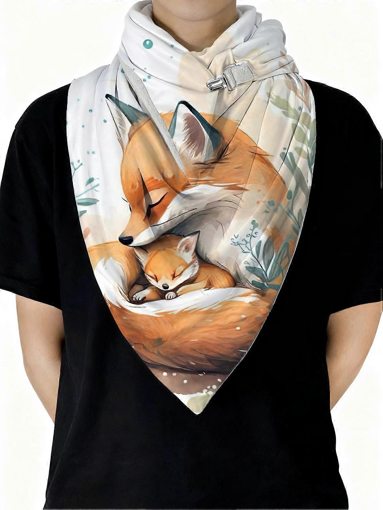 Comfortable plush-lined fox and cub print scarf for fall and winter, machine washable plush-lined triangle scarf