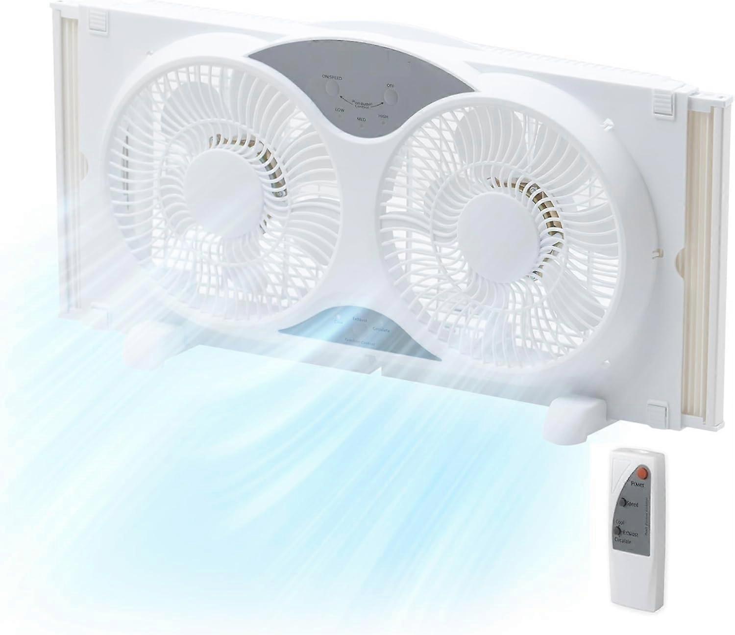 Twin Window Fan with Remote Control, 3 Speeds, Adjustable Width, Dual Blades, 3 Airflow Modes, White