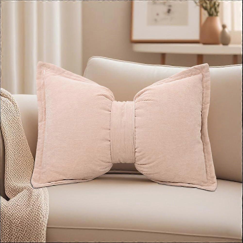 Bow Throw Pillow with Convertible Bow Design, Corduroy Decorative Cushion for Sofa Bed Car, Light Pink