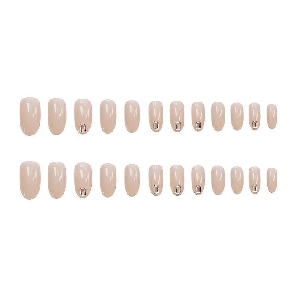 Press On Nails Set 24pcs Long Beige with Diamond Inlay, Reusable Matte Artificial Nail Tips