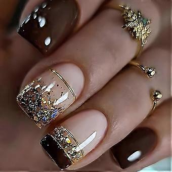 Brown French Tip Press On Nails Short Square Glossy Full Cover Fake Nails with Gold Foil Glitter 24 Pcs