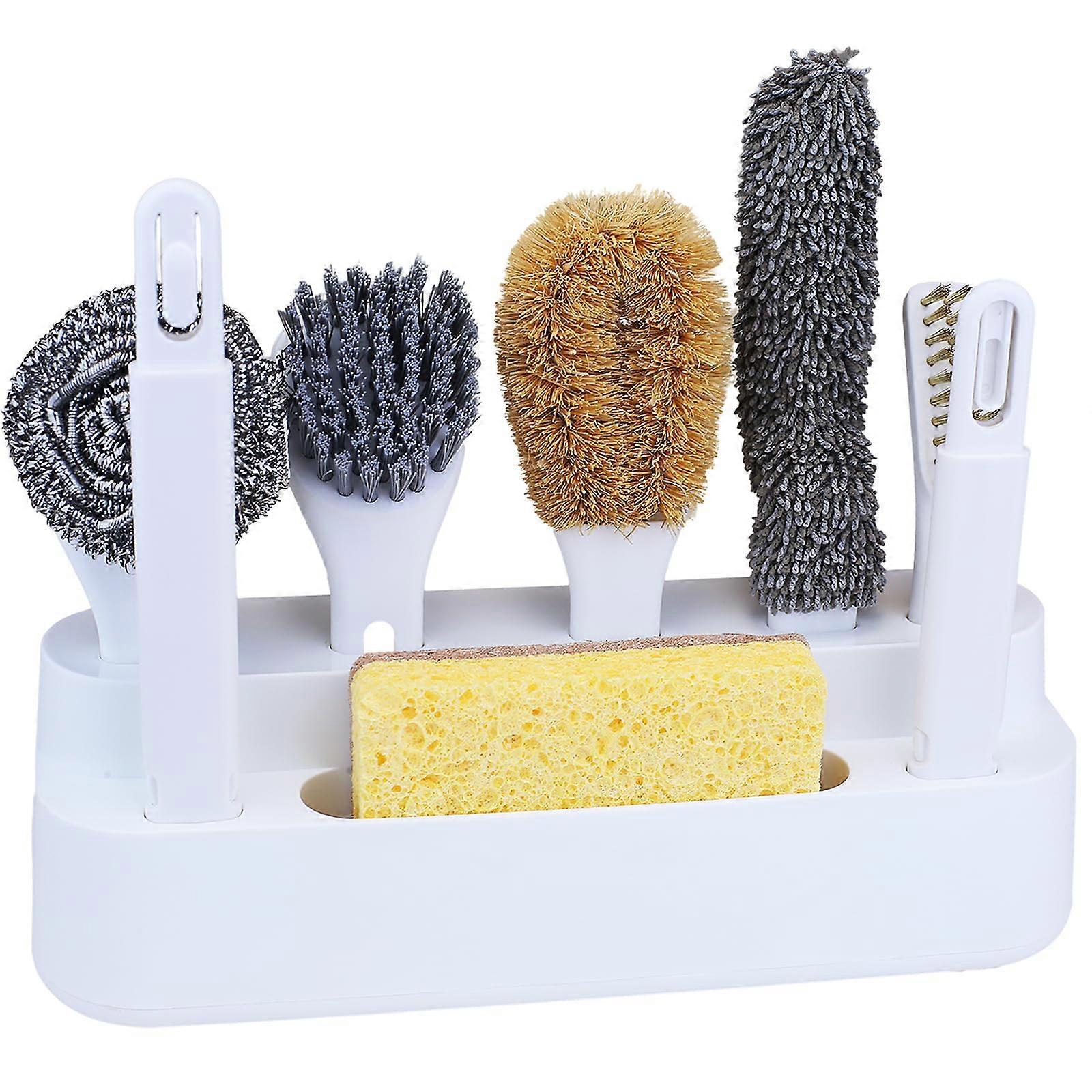 Kitchen Cleaning Brush Set 6in1 with Interchangeable Heads, Detachable Handles and Drain Base