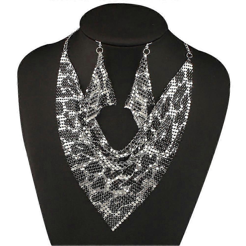 Women's Triangular Scarf with Sequins and Statement Bib Necklace Earrings Set