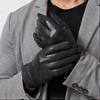 1 Pair Winter Gloves Plush Full Fingers Genuine Leather Solid Color Anti-slip