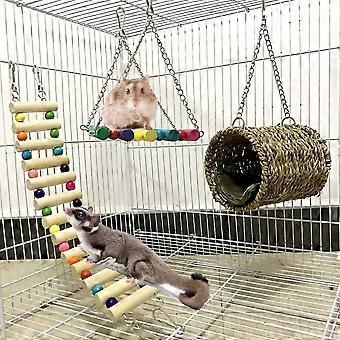 Small Pet Toy Set, Natural Wood Swing Hammock Climbing Ladder for Hamster Gerbil Guinea Pig Cage Accessories, 3 Pack