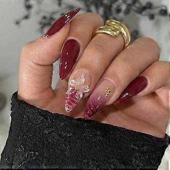 Christmas False Nail Wine Red Shade 3D Embossed Floral Art Ergonomic Almond Tips Easy Application Nail Accessories