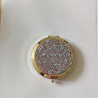Mini Round Metal Pocket Vanity Mirror with Acrylic Diamonds, Dual 1X & 3X Magnification, Foldable Angle Adjustable Travel Makeup Mirror, 2.56 Inch