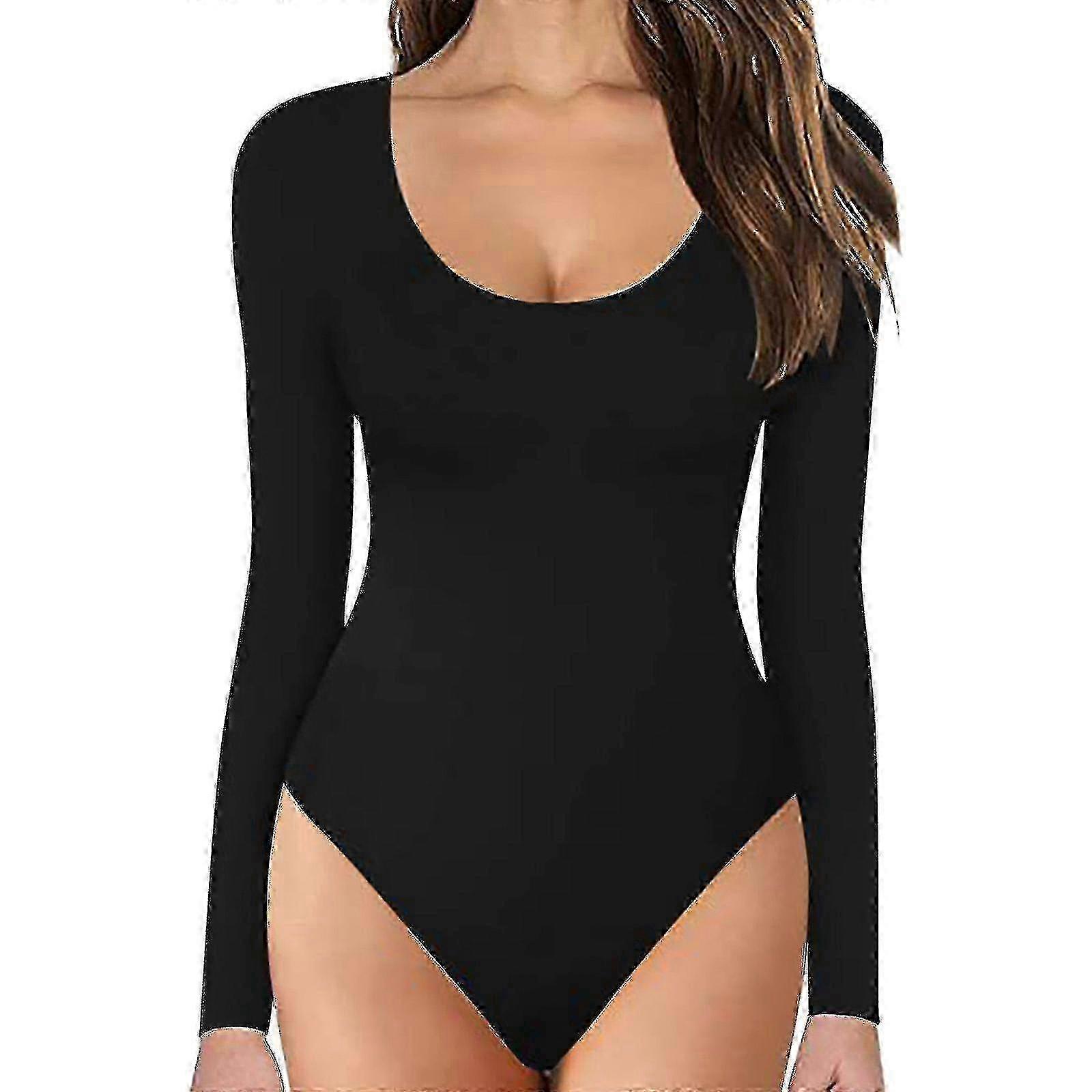 Women's Double Lined Soft Basic Long Sleeve Crew Neck Bodysuit - Comcompatible withtable & Stylish KB Top