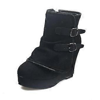 Moderne High-Heel-Stiefel für Damen, Keilabsatz, Wildleder, mit Zierreißverschluss, Gürtelschnalle, höhenverstärkend, für den Alltag