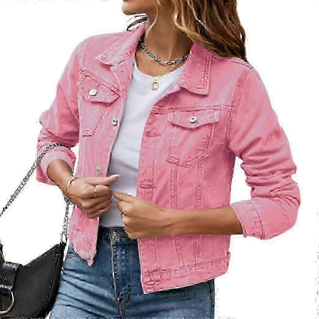 Women's Cropped Denim Jacket, Long Sleeve Button Down with Pockets