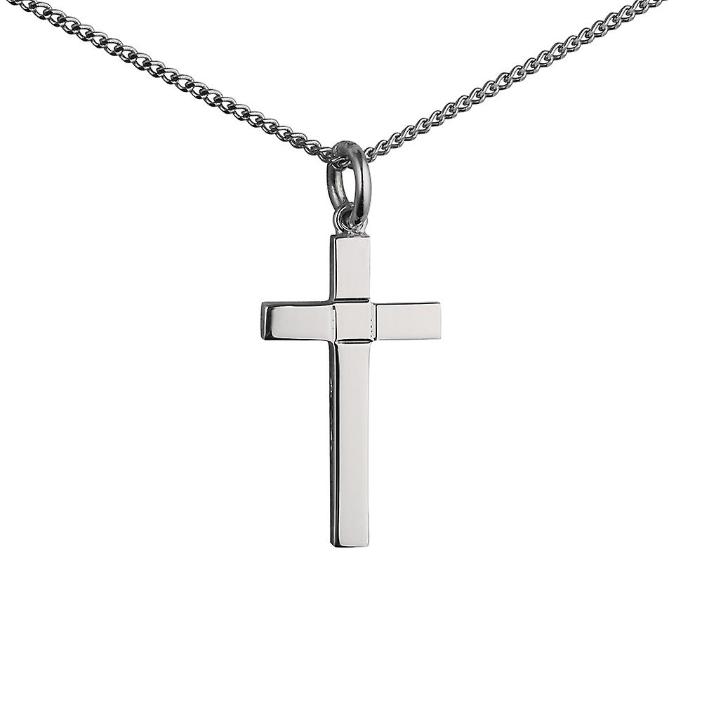 Silver 25x15mm engine turned centre square solid block Cross with a curb Chain 24 inches
