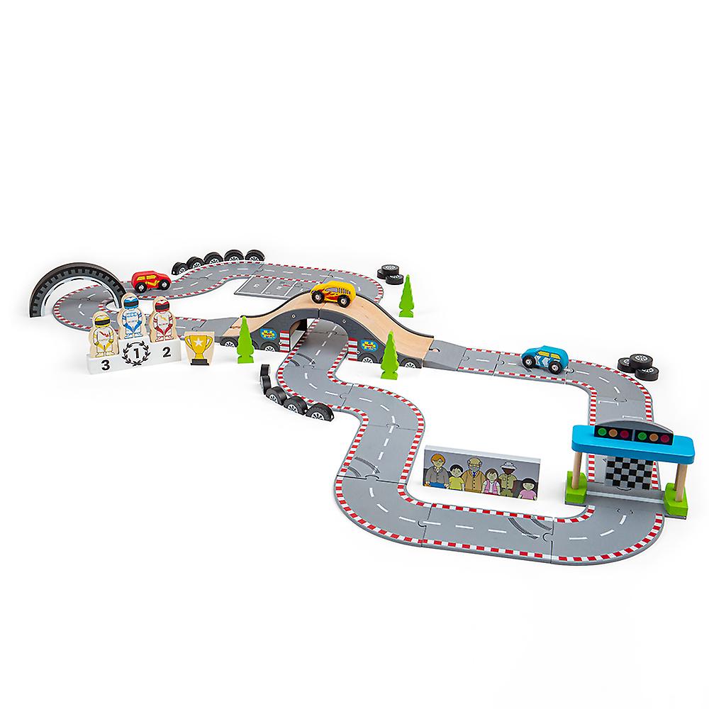 Bigjigs Rail Wooden Roadway Race Day Playset, Racing Track - 47 Pieces