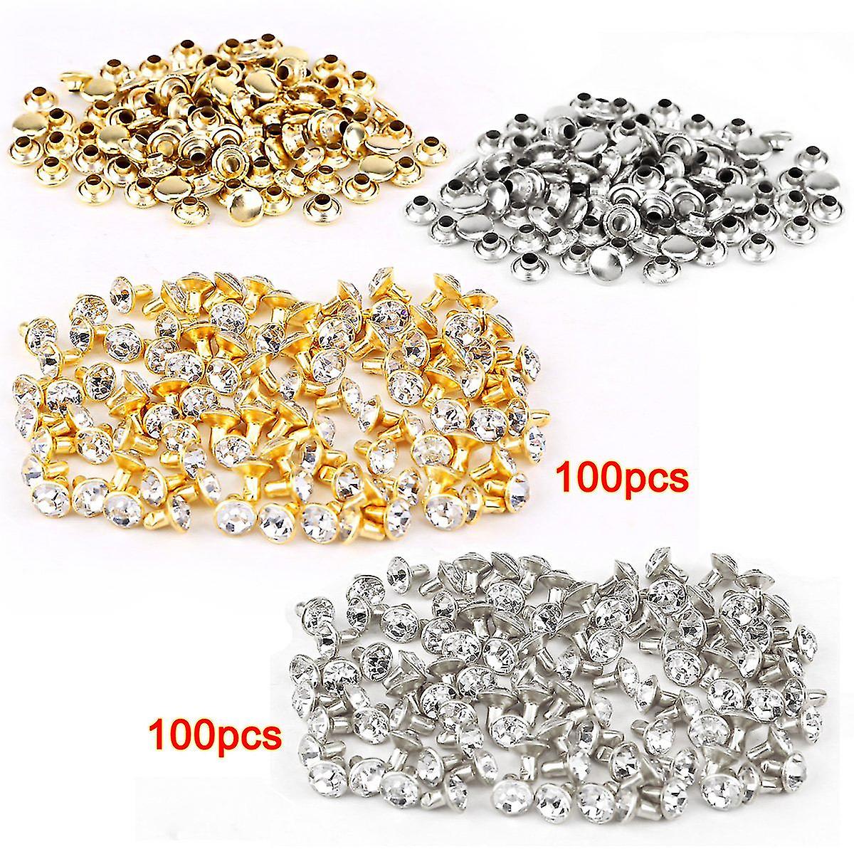 100pcs Silver + 100 Pcs Rivet With Rhinestone Diamond 7mm