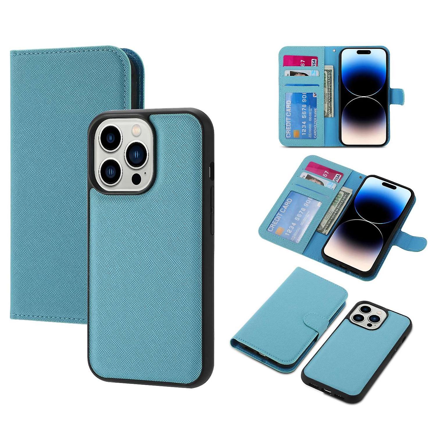 For iPhone 14 Pro Detachable TPU Back Case Cross Texture Drop-proof Cover Flip Stand Wallet Shell