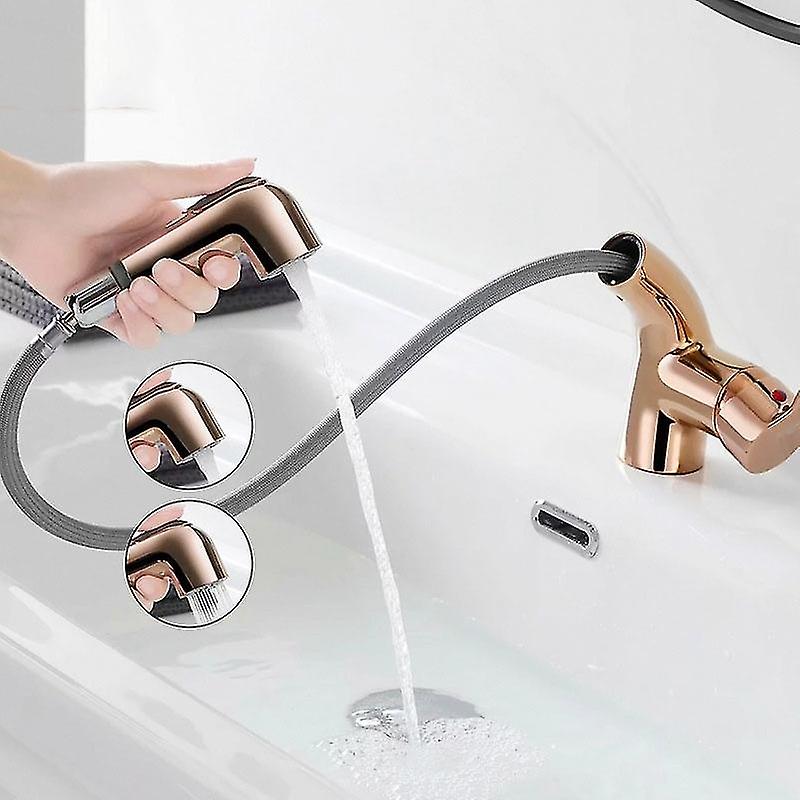 White Basin Faucet with Hand Shower Pull-out Basin Mixer for Bathroom Single Handle Faucet(Rose Gold