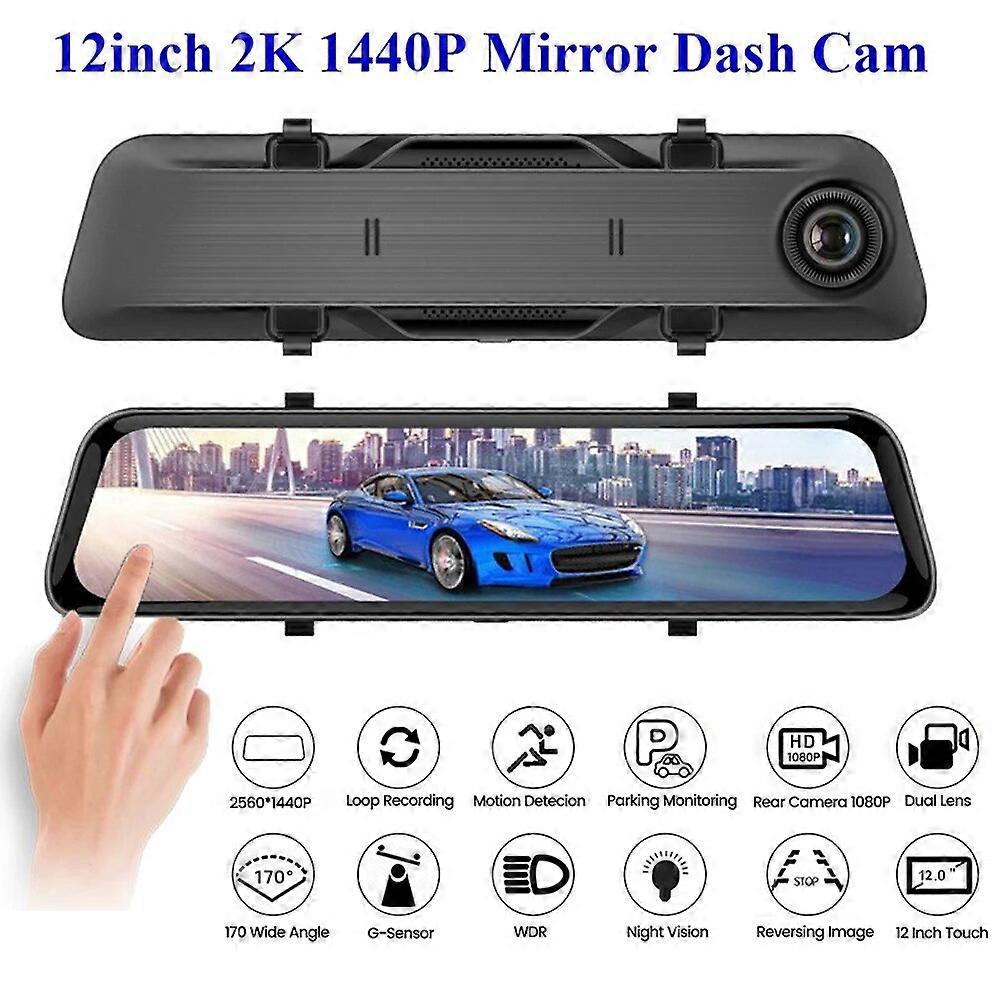 2.5K Car DVR 12 Inch Touch IPS RearView Mirror Dual Lens Dashcam Car Camera Video Recorder Support Full Screen Display Camera FN9U3748