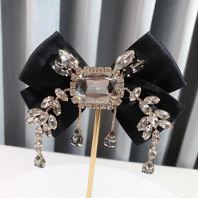 Woolen Coat Brooch Rhinestone Solid Color Retro Bow Tie Women's AccessorY,BLACK