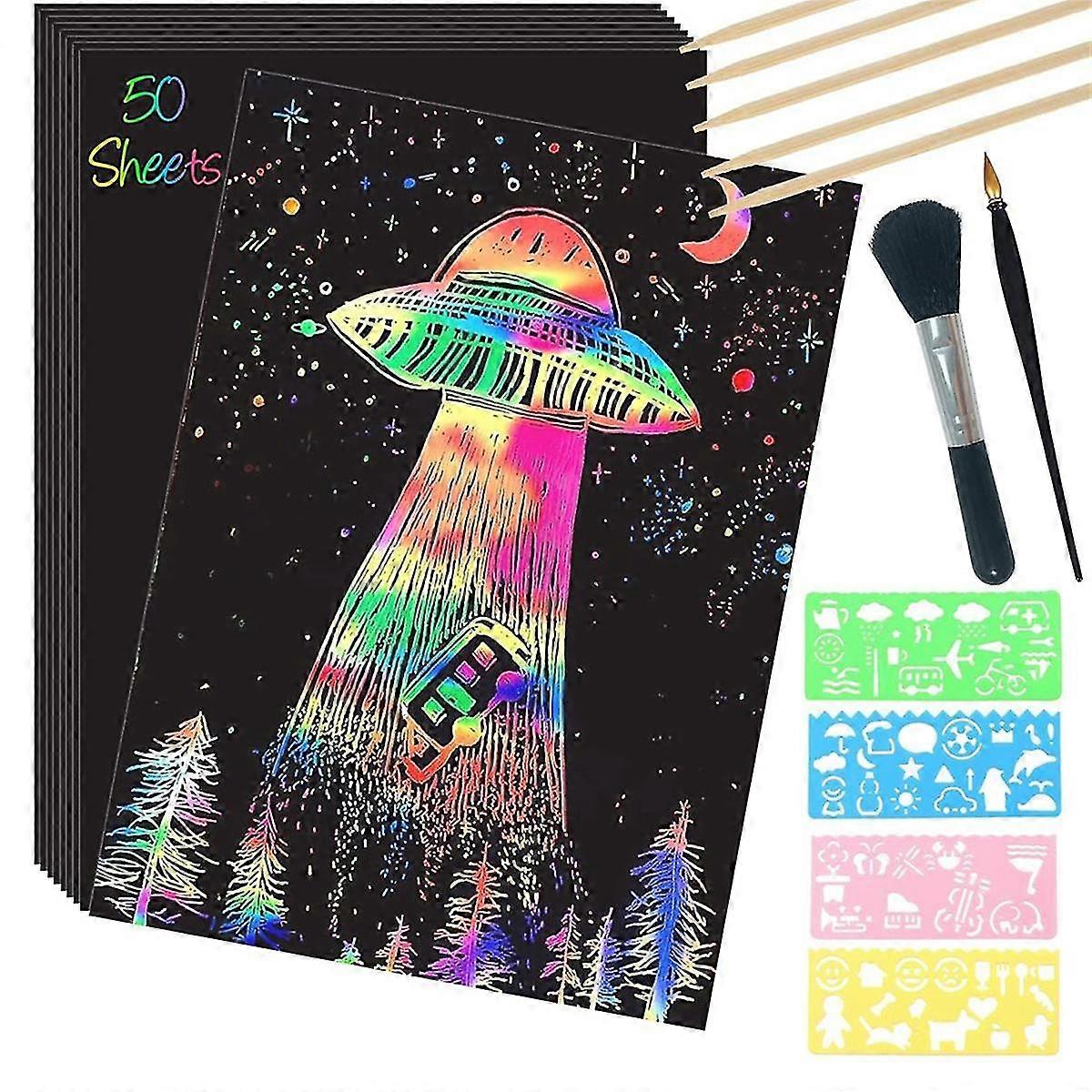 Scratch Paper Art Set,50 Sheets 8x11in Rainbow Coated Scratchboard Large Scratch Paper With Wooden Styluses And Stencils
