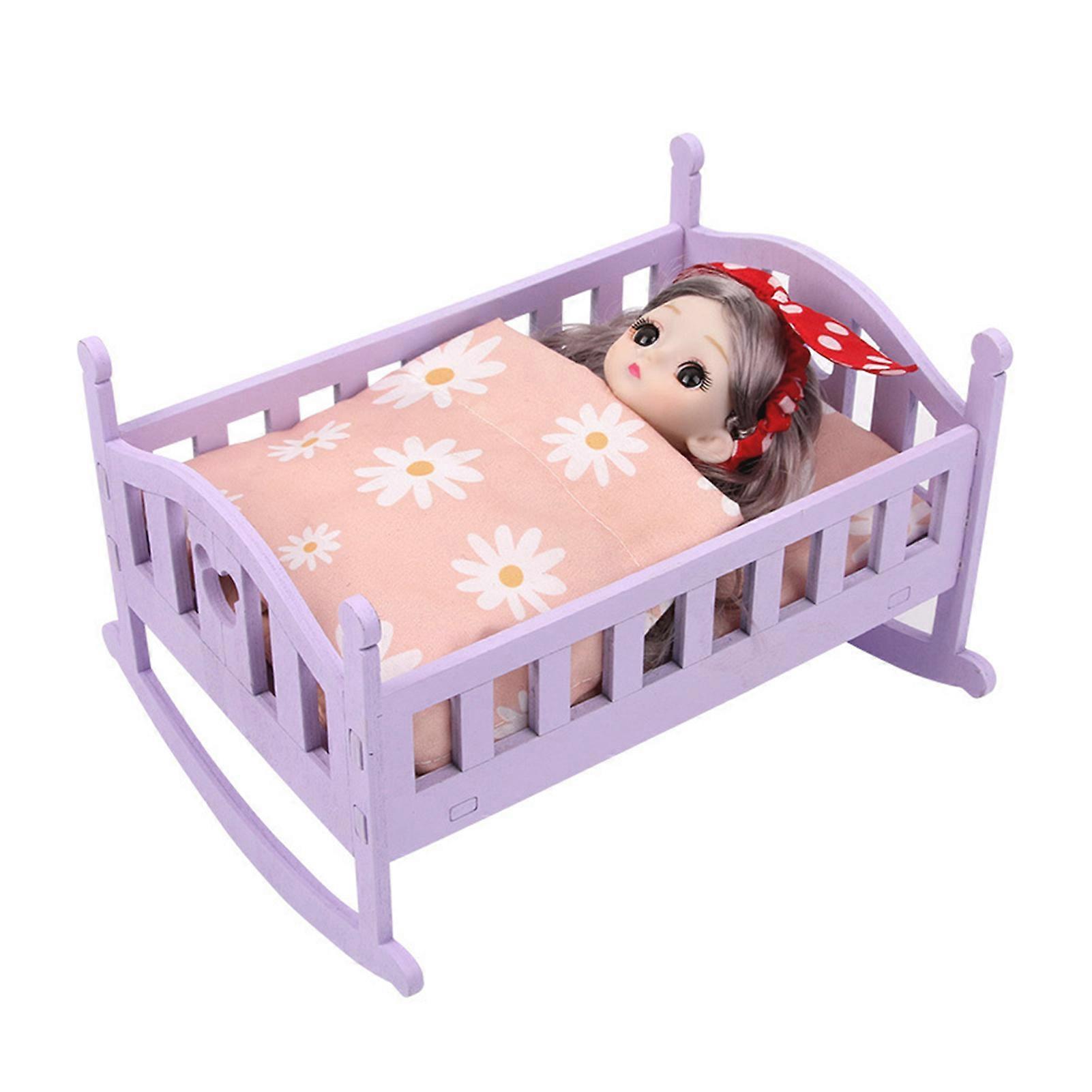 1 Set Mini Baby Doll Model Wooden Rocking Baby Doll Crib Set Fun Durable Sleep Simulation Toy for Play House