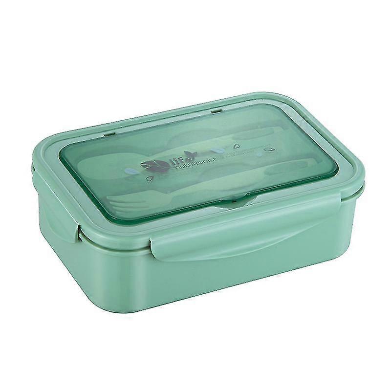Rectangular Compartment Plastic Lunch Box With Fork And Spoon (green)