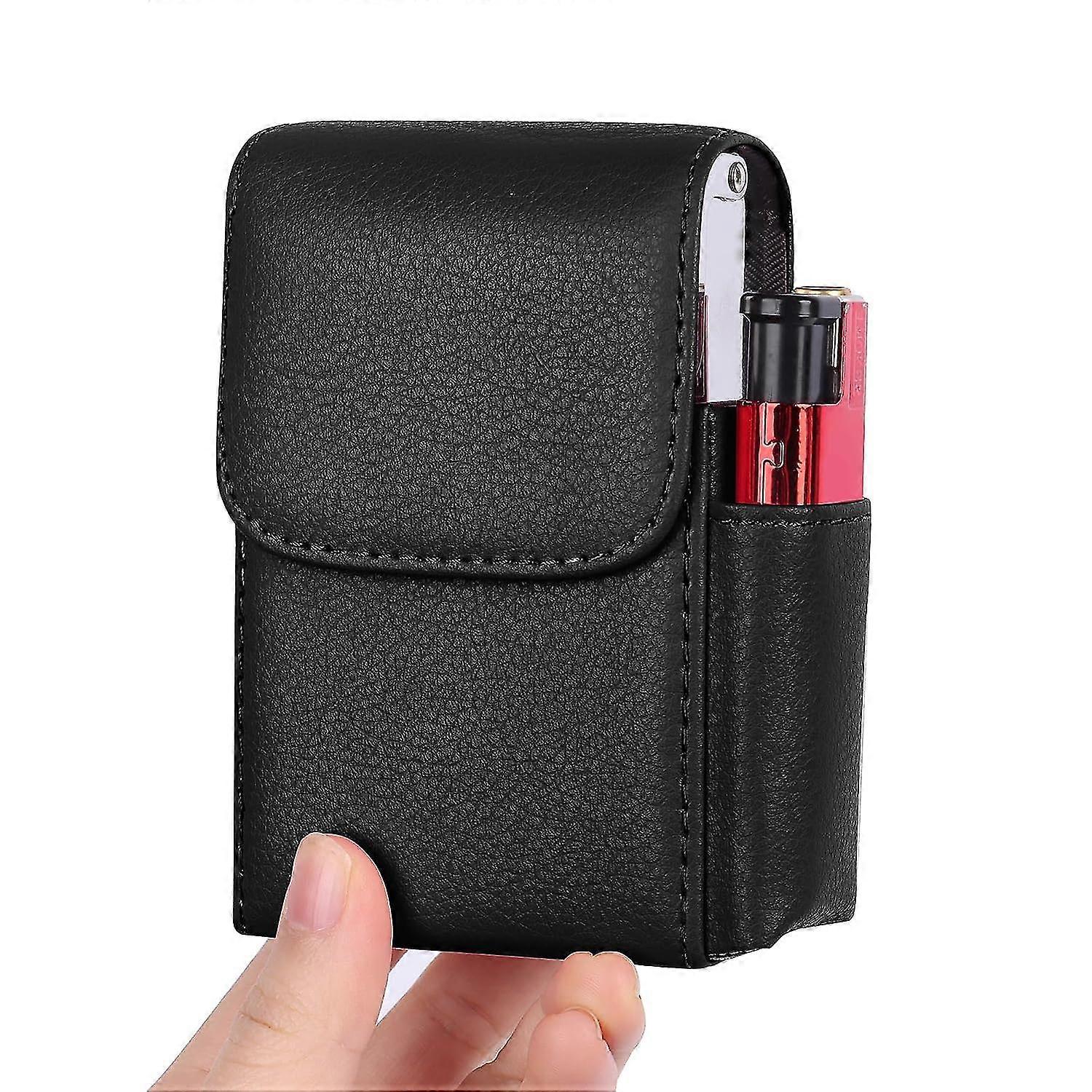 シガレットケースPUレザーシガレットボックスライターホルダー付きタバコオーガナイザーシガレットライター男性用耐圧シガレットケースギフト(ブラック)