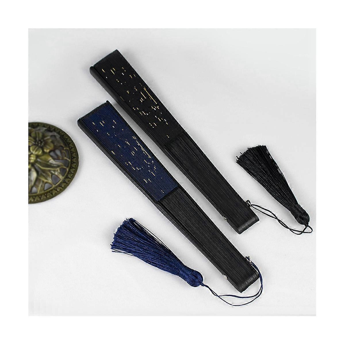 Classic Starry Silk Folding Fan, Japanese Fabric Bamboo Folding Dance Hand Fan (Black)