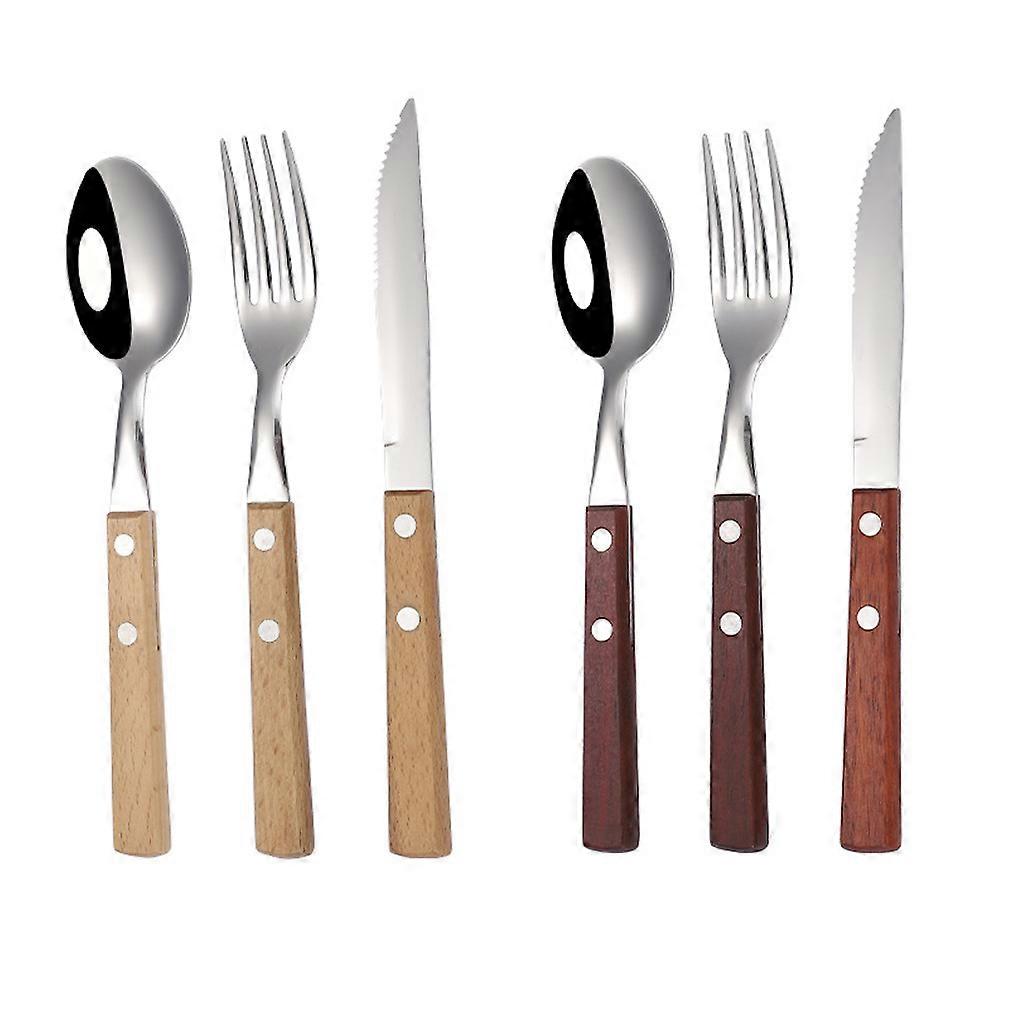 6pcs Cutlery Set Tableware Tableware Spoons Knife Fork with Wooden Handle