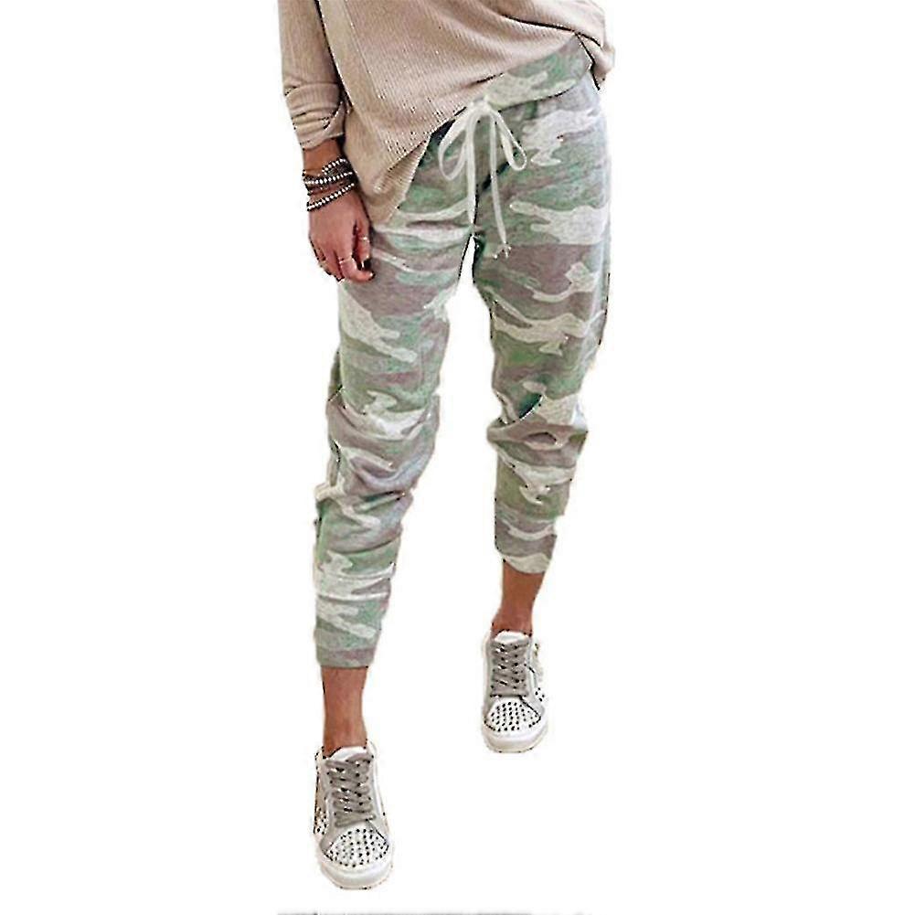 Camouflage Print Casual Feet Pants Women Drawstring Elastic Waist Trousers Banmo