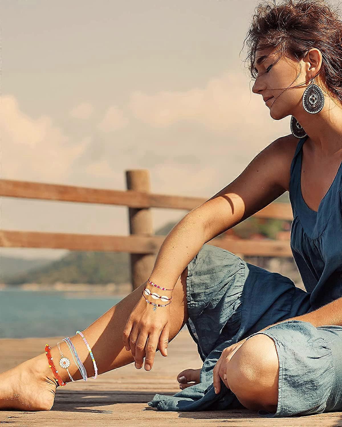 PIPITREE 12 braccialetti da donna con onde da surfista, regolabili, fatti a mano, impermeabili, intrecciati, con perline, stella marina, conchiglia, cavigliera, per donne, bohémien, gioielli estivi