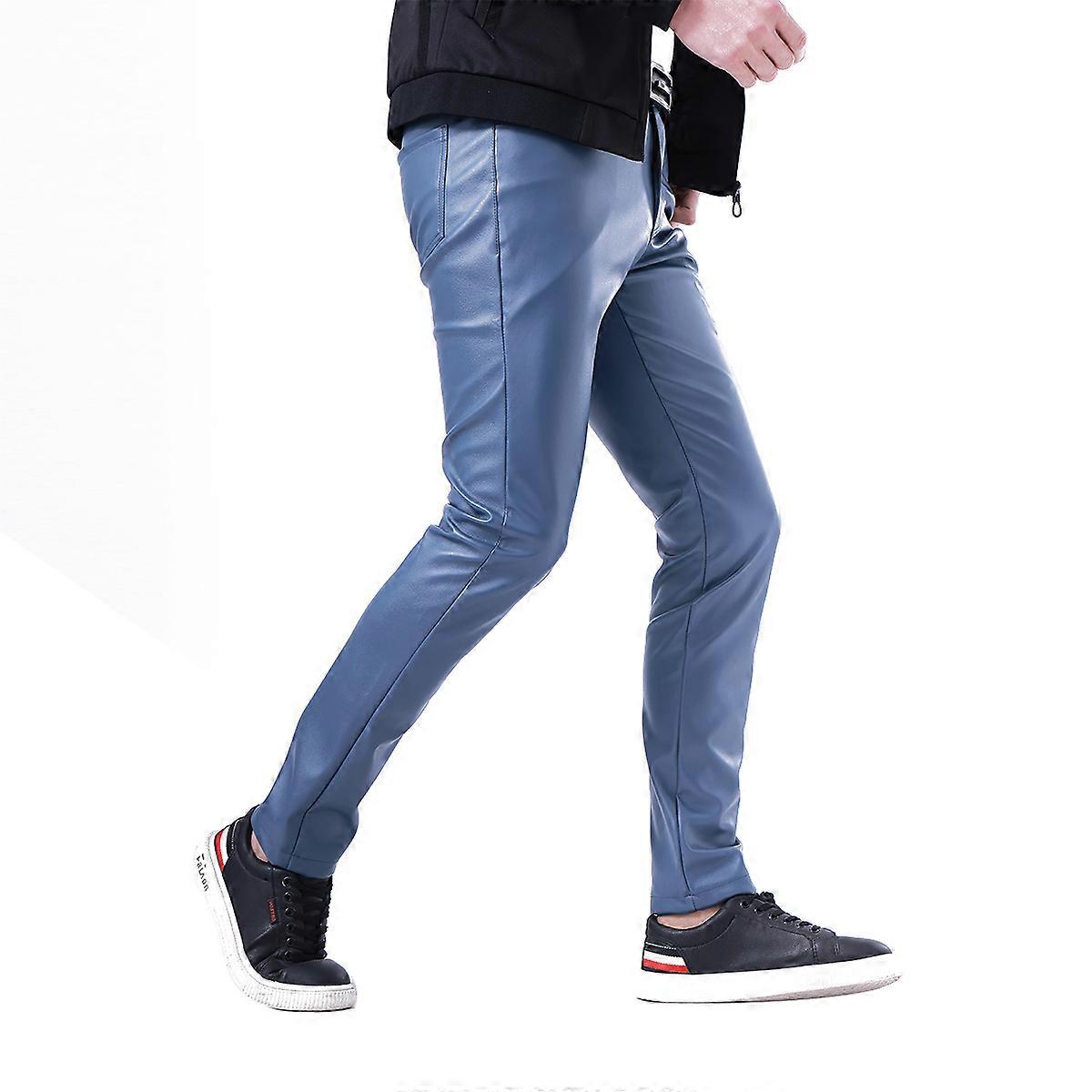 Herren Frühling und Sommer Elastisches Slim Bar Net Rot Leder Hosen Blau