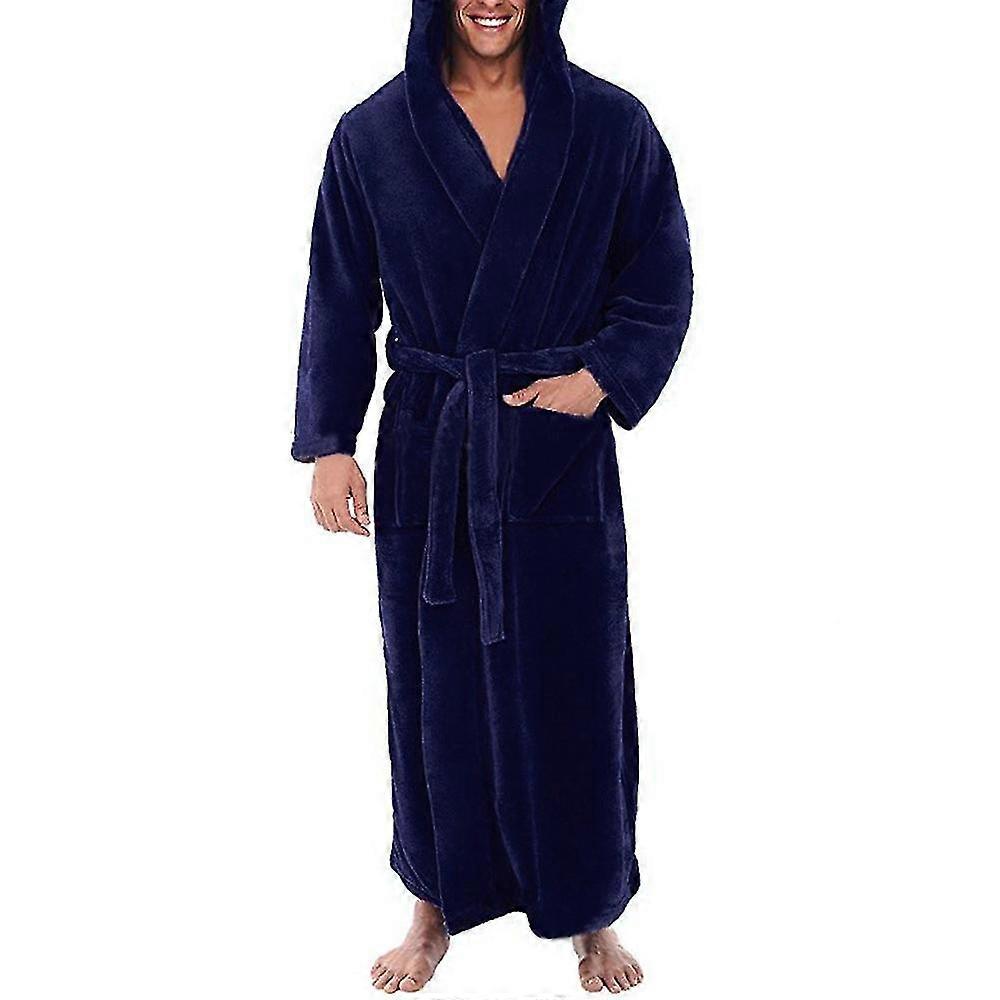 Men Fleece Lined Hooded Soft Bathrobe Solid Long Dressing Gown