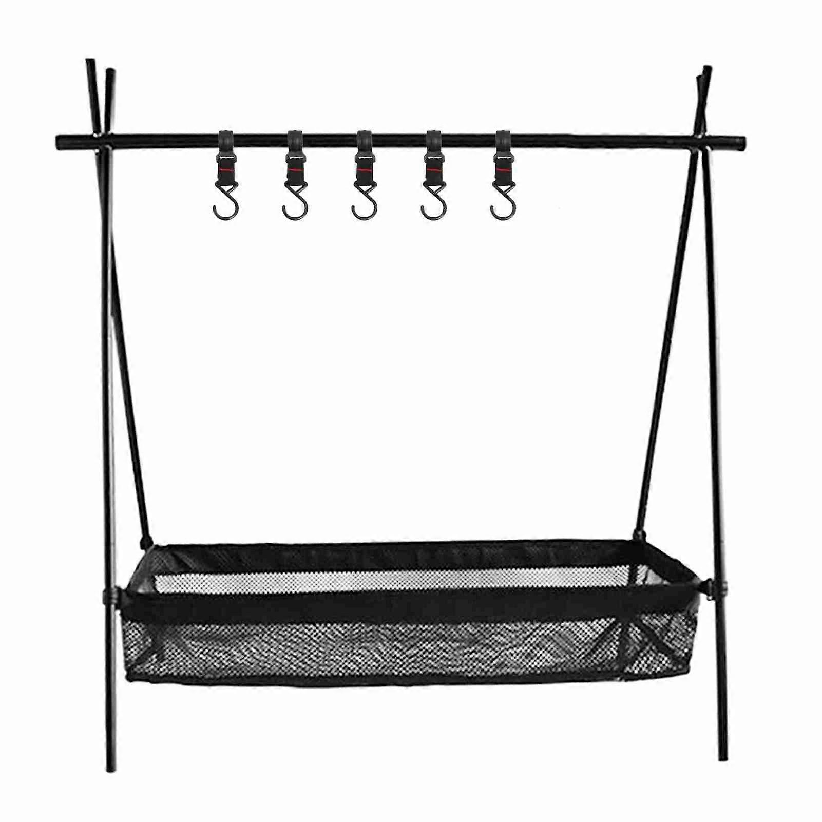 Camping Cookware Hanging Rack Multifunctional Foldable Outdoor Hanging Organizer Rack with Hooks and Net Bag