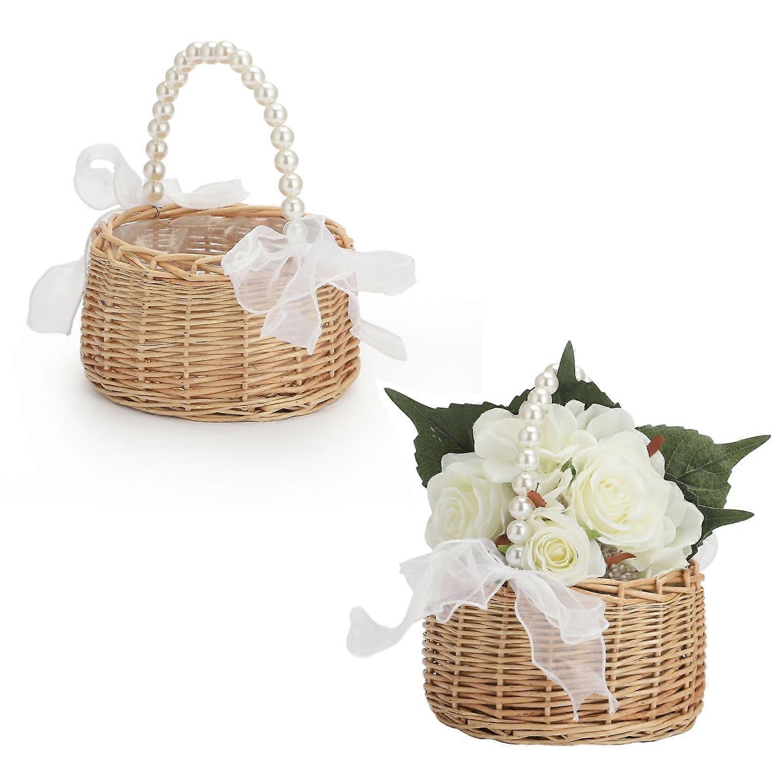 2Pcs Wicker Rattan Flower Girl Basket with Pearl Handle, Handmade Lined Carry Basket with Bow