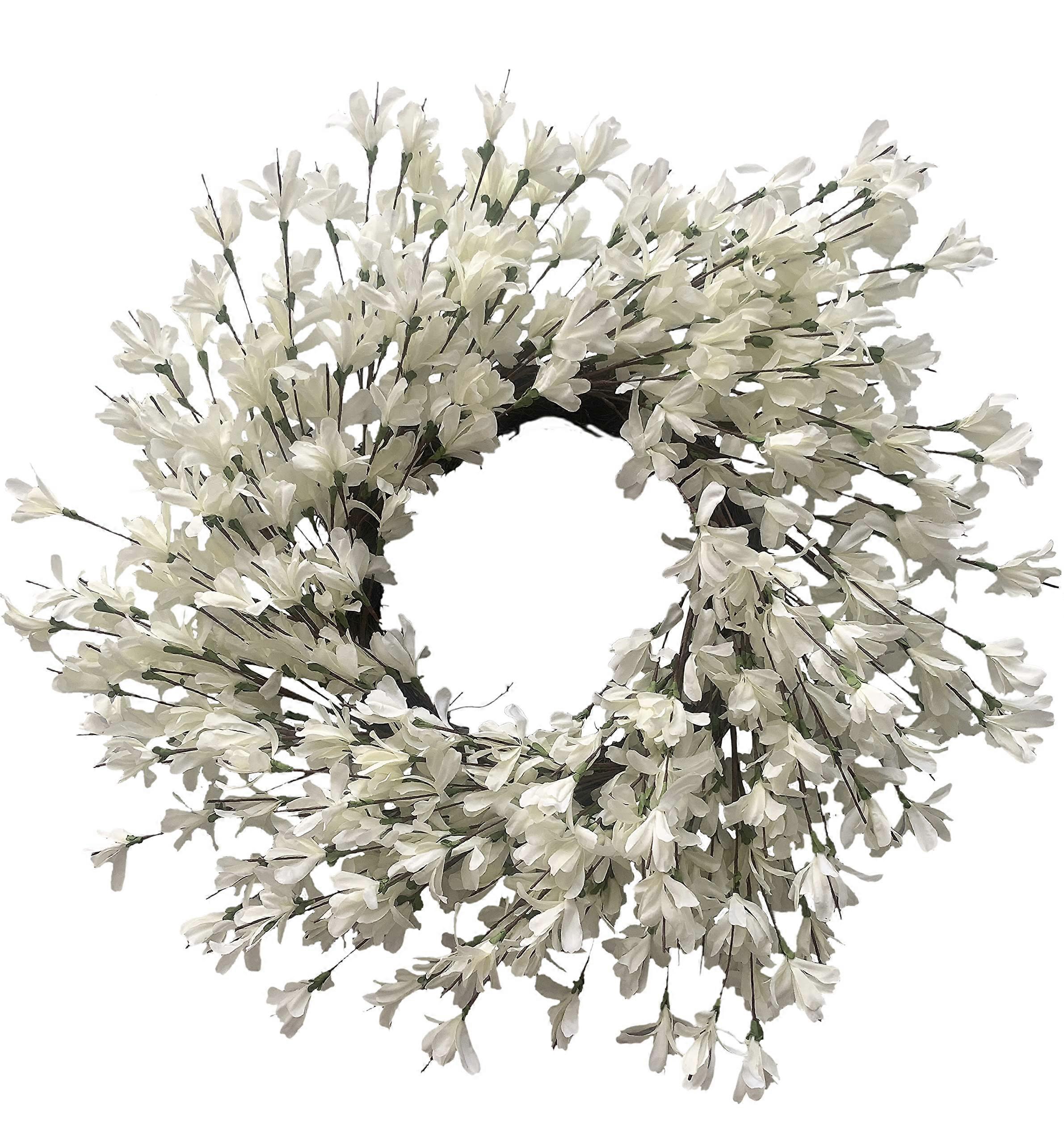 24" Cream Forsythia Wreath - Spring Grapevine Flower Decorations for Front Door