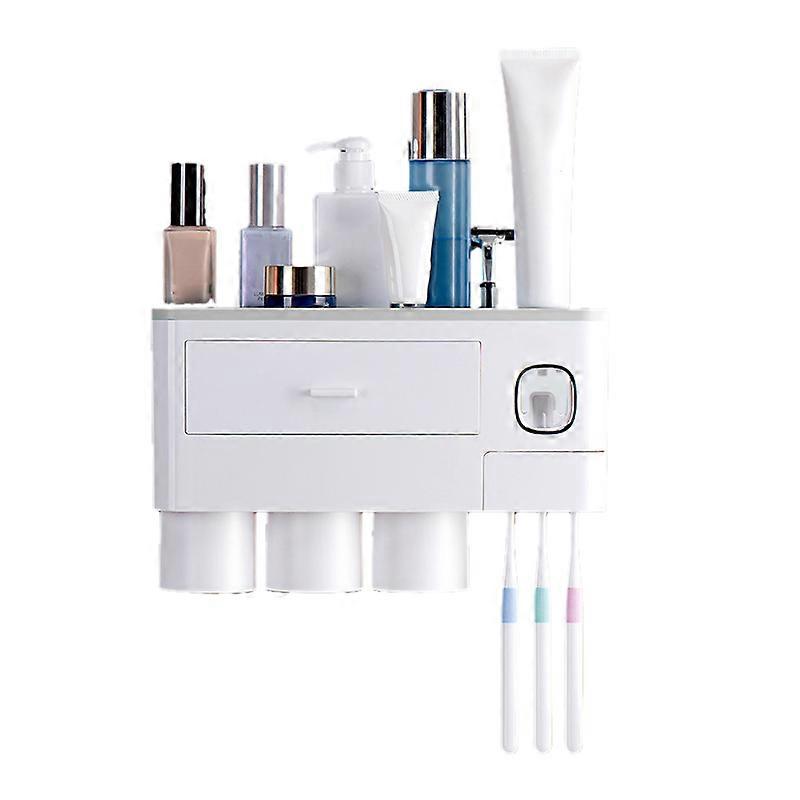 Wall Mounted Toothbrush Holder Multi Function Magnetic Absorption Bathroom Storage Rack with Drawer Toothpaste Dispenser